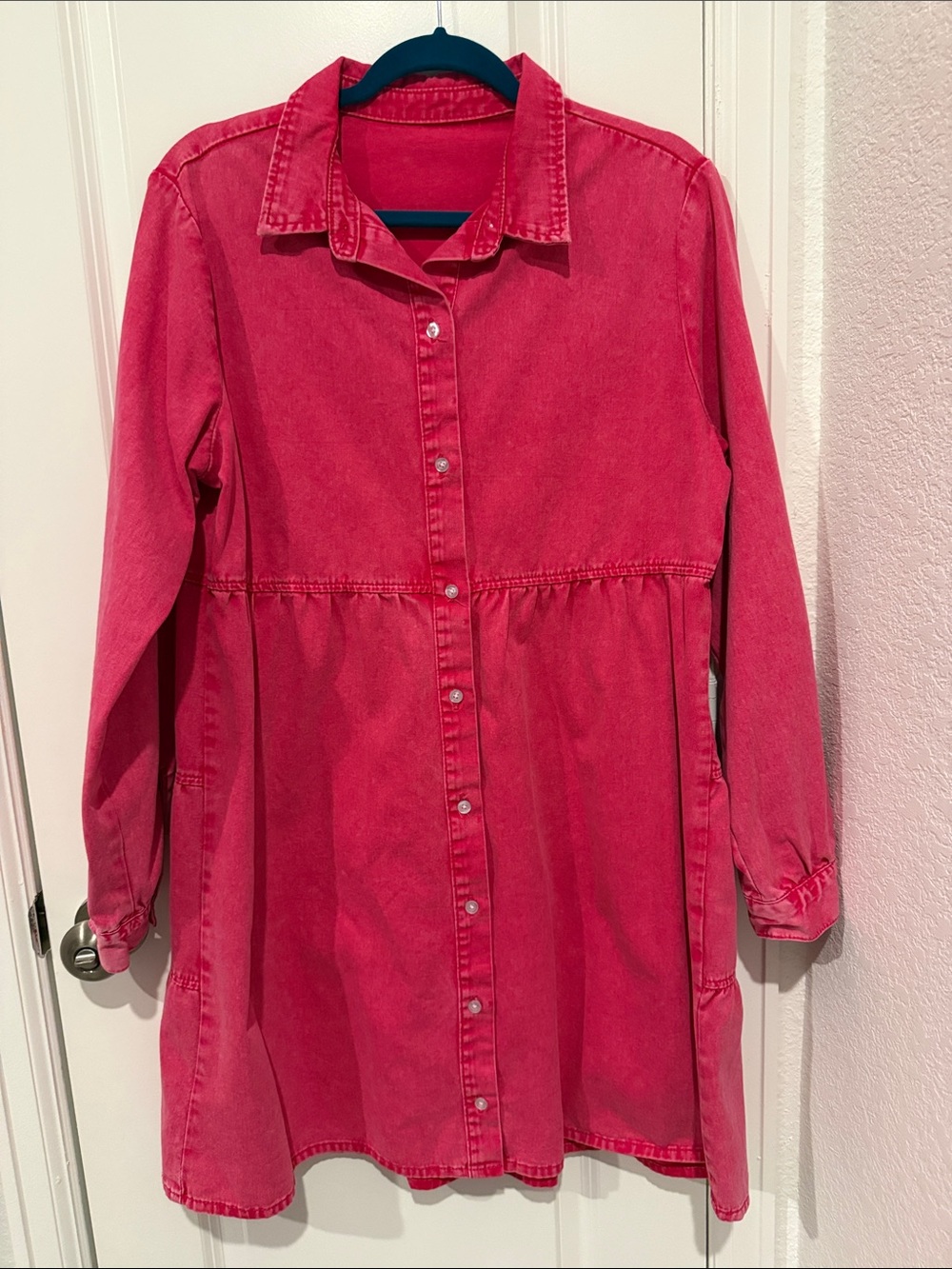 Vintage-Style White Washed Hot Pink Baby Doll Dress - SZ L 100% Cotton